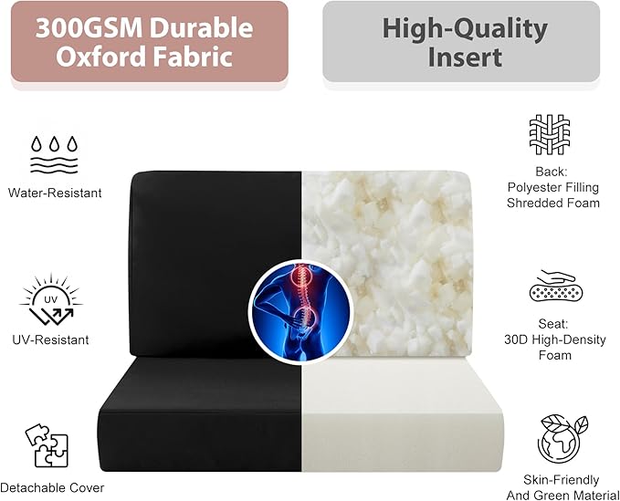 7-Piece Patio Furniture Cushions Set, Replacement Outdoor Cushions for 4-Seat Patio Sectional, Waterproof & Fade Resistant Deep Seat Cushion for Outdoor Sofa, Black