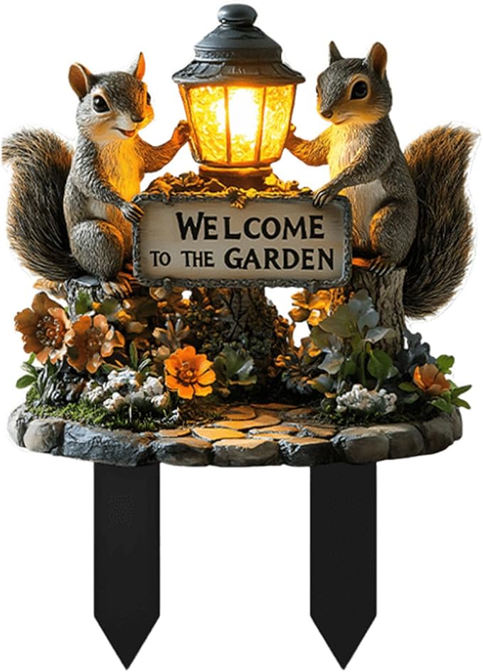 Cute Squirrels Garden Stake Decor, 2D Flat Stained Acrylic Animal Sign, Small Animal Ornament Indoor Outdoor Yard Lawn Pot Plant Decorative Accessories