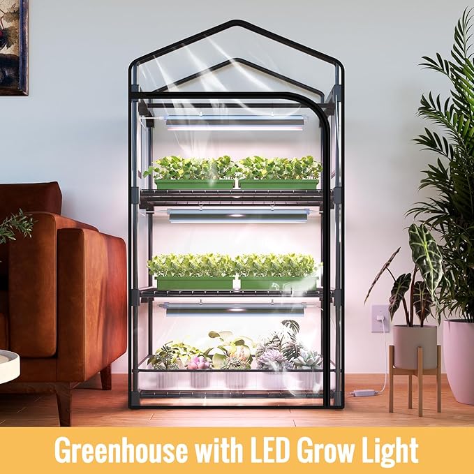 Indoor Greenhouse with Grow Light, 3-Tier Plant Stand with PVC Tent, Ventilation Window, Bottom Pouch, 20W Full Spectrum Grow Light with Timer, for Seed Starting, 27" L x 19" W x 49" H