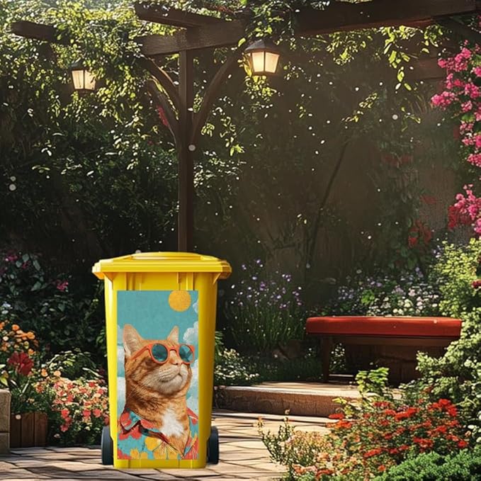2PC Trash Can Sticker 14.57 x 32.28 Inch Cool Cat Design Summer Beach Theme Decorative Garbage Bin Cover Outdoor Trash Can Decal Art for Home Yard Garden Holiday Decoration