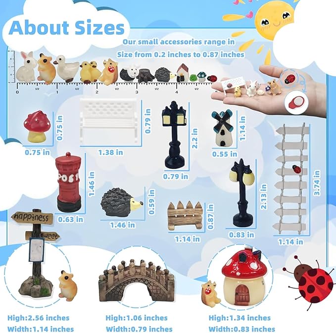 100 PCS Mini Fairy Garden Accessories Kit Outdoor Mushroom Tiny Animal Miniatures Garden Figurines Landscape Ornaments for Bonsai Terrarium House Plant Party Decoration Supplies