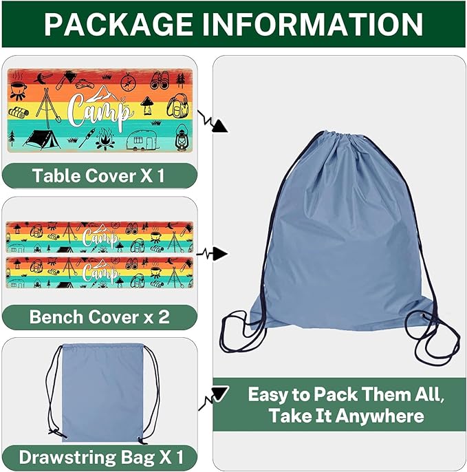 Picnic Table Cover with Bench Covers Elastic Edges, Blue Wood Camper Fitted Table Cover, Outdoor Patio Camping Essentials 72 Inch 3PCS, Waterproof Camping Fitted Tablecloth with Drawstring Bag