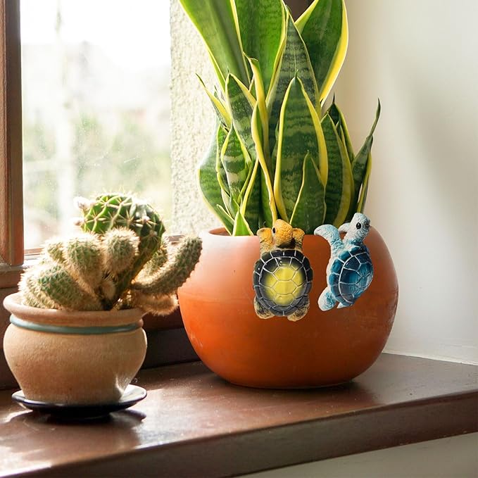 2-Pack Turtle Pot Huggers – Whimsical Resin Plant Decor for Pots, Fences & Balconies | Indoor/Outdoor Turtle Figurines (Yellow & Blue)