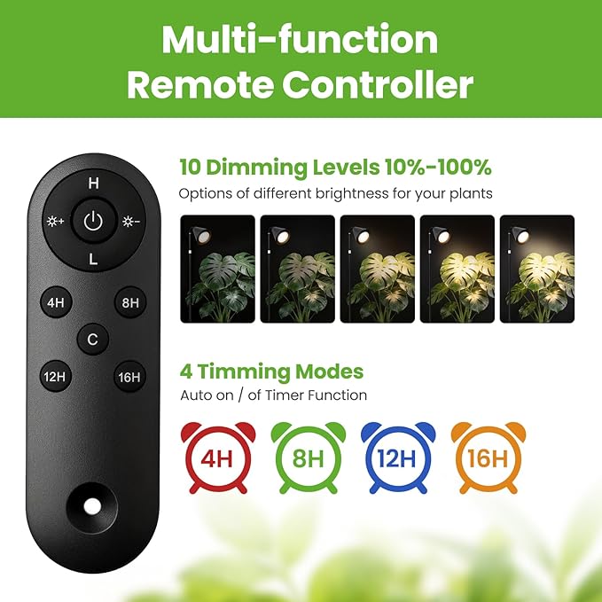Grow Lights for Indoor Plants, 20W Full Spectrum Growing, 63in Adjustable Height Stand, 4/8/12/16H Auto Cycle Timer, 10 Levels Dimmable Remote Control Standing Grow Floor Lamp for Small to Tall Plant