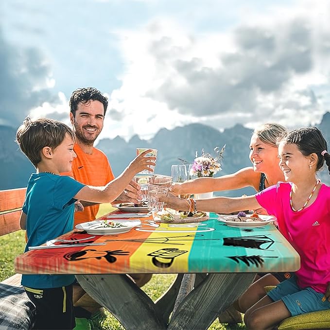 Picnic Table Cover with Bench Covers Elastic Edges, Blue Wood Camper Fitted Table Cover, Outdoor Patio Camping Essentials 72 Inch 3PCS, Waterproof Camping Fitted Tablecloth with Drawstring Bag