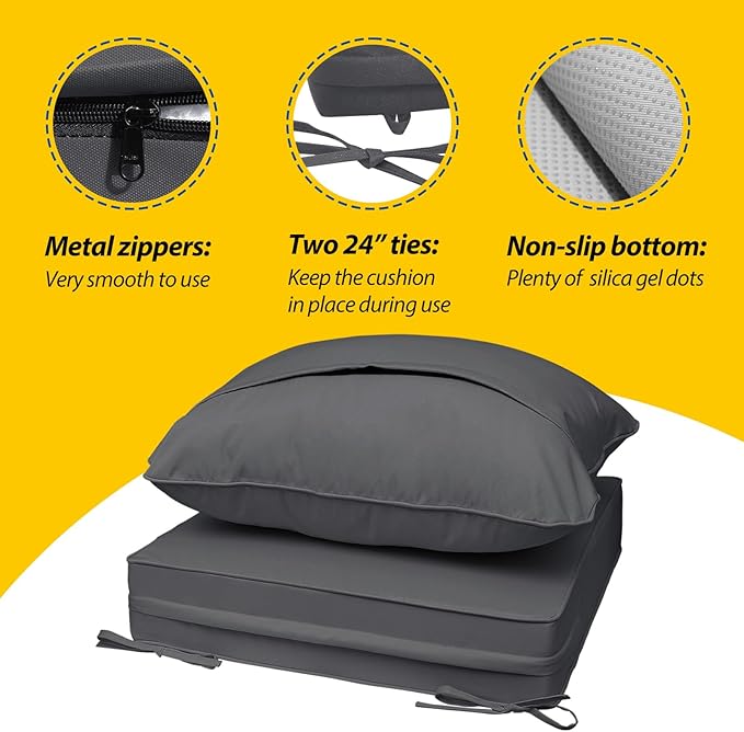 AAAAAcessories Outdoor Deep Seat Cushions, Waterproof, Fade-Resistant Replacement Cushions for Patio Furniture, 25.5" x 25.5" x 5" + 25.5" x 19", Set of 4, Shadow Gray