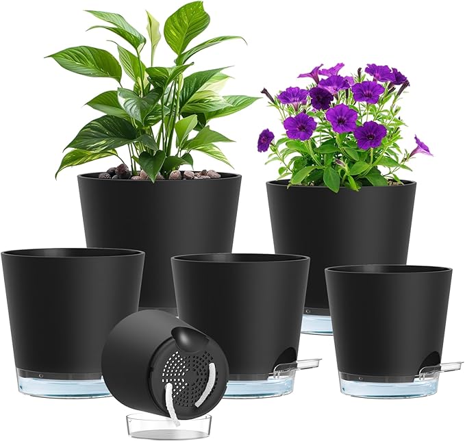 Self Watering Pots Pack of 6 – Different Size 4" to 7" Indoor Plant Pots with Drainage Holes and Clear Reservoir for Visible Water Level, Plastic Wicking Planters for House Plants, Black