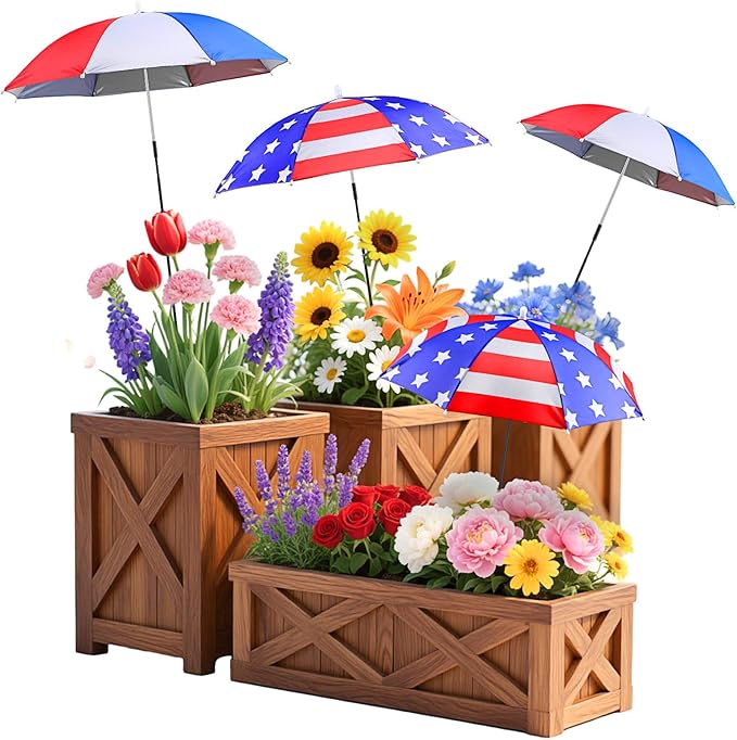 Abbylike 4 Set Plant Umbrellas for Outdoor Plants, Garden Umbrella Shade for Potted Plants and Garden Beds Plant Cover for Sun Summer Beach Terrace Lawn Swimming Pool (4th of July,Red White Blue)