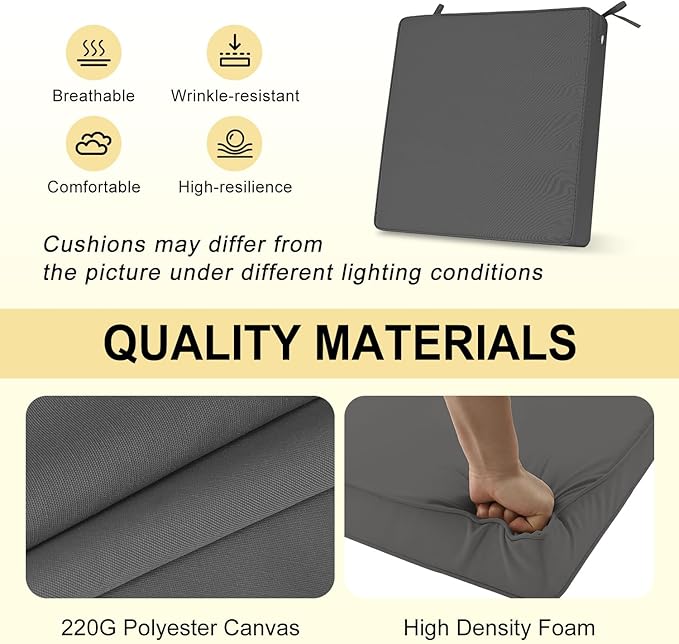 downluxe Waterproof Outdoor Chair Cushions for Patio Furniture, 18" x 18" x 2" Patio Chair Cushion with Non-Slip Ties & Portable Handle, Square Outdoor Cushion with Removable Cover, Dark Grey, 2 Pack