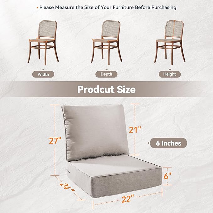 6" Thick Outdoor Cushions 22x24x6, 5-Set Deep Seat Patio Cushions with Removable Cover, Waterproof & Fade Resistant Replacement for Wicker Chair, Loveseat, Sofa - Beige