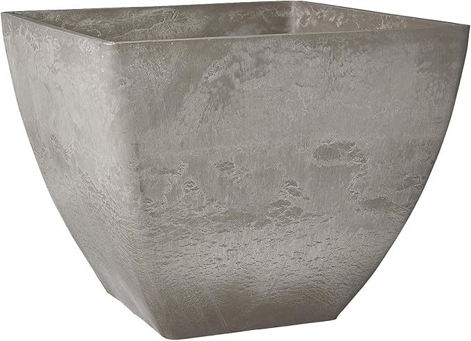 PSW Pot Collection 16x13 inch Plastic/Stone/Wood Composite Square Planter – No Drainage Hole (Drillable), Modern Indoor/Outer Pot for Flowers, Foliage, Succulents, Fairy Gardens, Cement Color