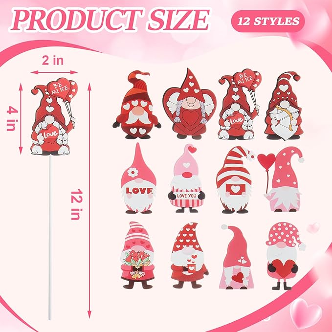 Novabright 12 Pcs 12'' Valentine's Day Metal Gnomes Yard Planter Stakes Valentines Gnomes Garden Stakes Potted Plant Signs Outdoor Decorations for Planter Pot Lawn Patio Wedding Party Decor