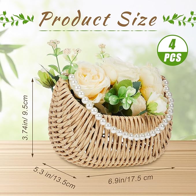 Taiyin 4 Pcs Rattan Flower Girl Basket with Pearl Handle Small Half Moon Wicker Basket for Wedding Flower Girl Picnic Garden Storage and Home Decor (Light Brown)