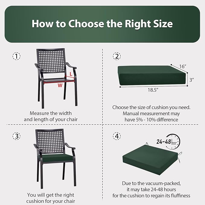 Outdoor Chair Cushions Set of 6, 18.5 x 16 Inch Patio Chair Cushions for Outdoor Furniture, Water Resistant, Non-Slip Ties(Forest Green)