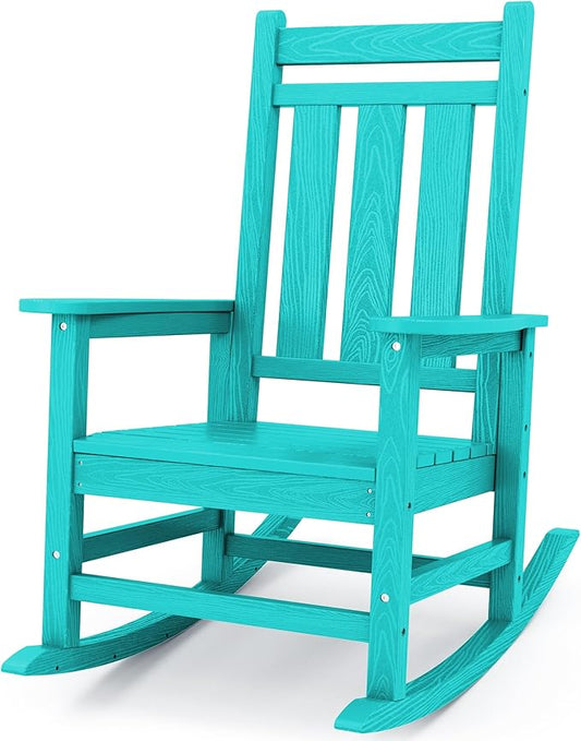 KINGYES Oversized Outdoor Rocking Chair, All-Weather Patio Rocking Chairs for Porch, HDPE Outdoor Patio Rockers with High Back & Wide Seat for Garden, Lawn, Aruba