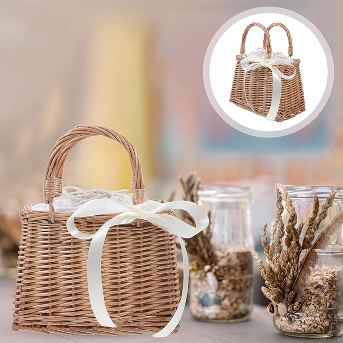 Baluue Rattan Woven Small Bag with Handle Decorative Flower Basket for Wedding Home and Garden Storage Portable Lightweight Wicker Purse 10.82X9.05X5.11 Inches