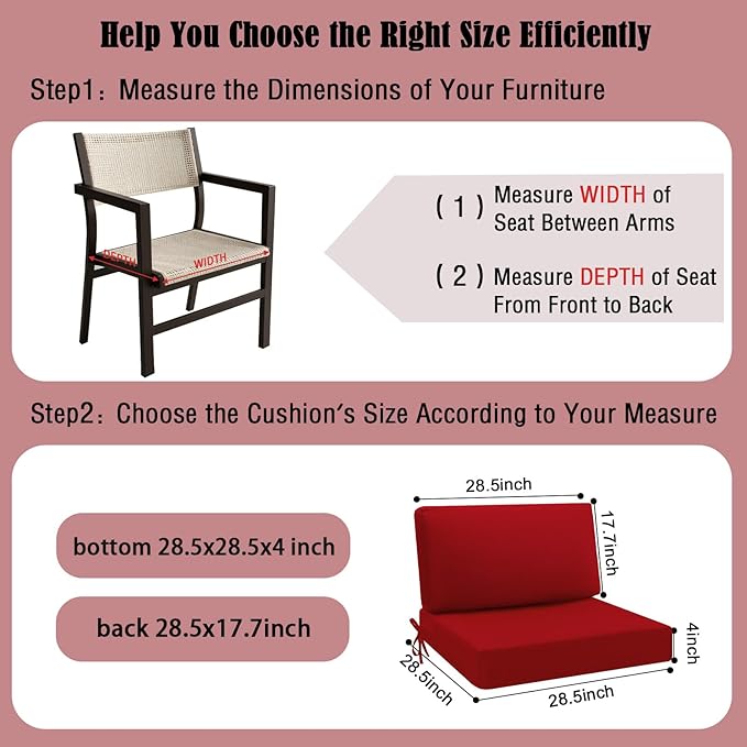 idee-home Outdoor Cushions for Patio Furniture, Outdoor Seat Cushion, Waterproof Hampton Bay Deep Seat Replacement Couch Chair Cushions for Garden Lawn Backyard Deck, 28.5 x 28.5 Red