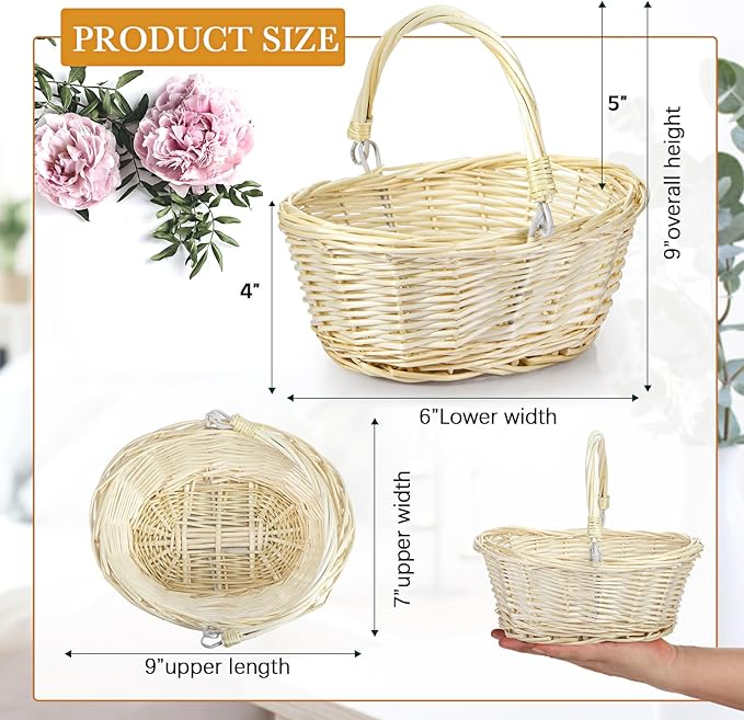 Barydat 6 Pcs Small Wicker Picnic Basket with Handle Flower Girl Baskets Oval Willow Woven Braided Gift Basket for Easter Weddings Baby Shower Home Garden Decor (Beige,9" x 7" x 4")