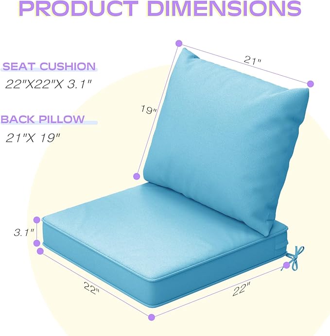 Outdoor Chair Cushions Set of 4, 22 x 22 Inch Patio Furniture Cushions with Splash-Proof Covers, Outdoor Cushions for Patio Furniture Replacement, Lake Blue