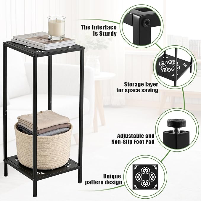 Party Zealot 2-Tier Tall Metal Square Plant Stand Heavy-Duty Modern Flower Pot Rack for Indoor Living Room, Corner Side Table for Outdoor Patio, Garden, and Balcony Black, 12" D x 31" H