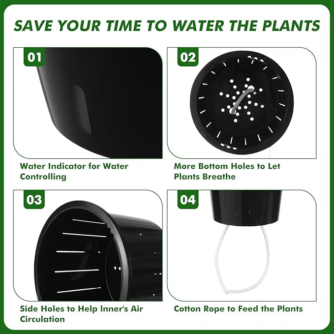 Planterhoma 6.7 Inch Self Watering Pots for Indoor Plants, 8 Packs Self Watering Planters for Orchid, Spider Plant, Devil's Ivy & African Violet, Water Indicator & Black Wick Pots, Black