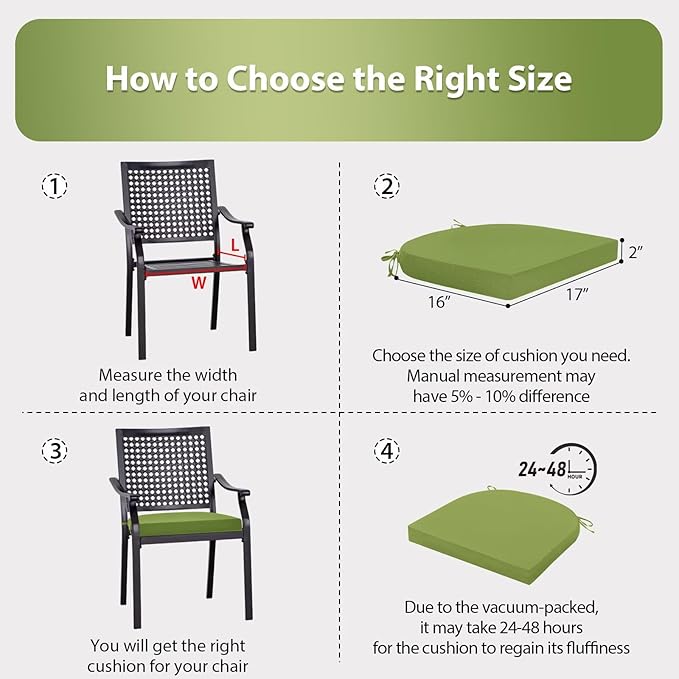 Outdoor Chair Cushions Set of 4, 17x16x2 Inch Patio Furniture Cushions, Water Resistant, Non-Slip Ties (Grass Green)