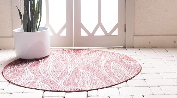 Unique Loom Outdoor Botanical Collection Area Rug - Leaf (4' 1" Round, Rust Red/ Gray)
