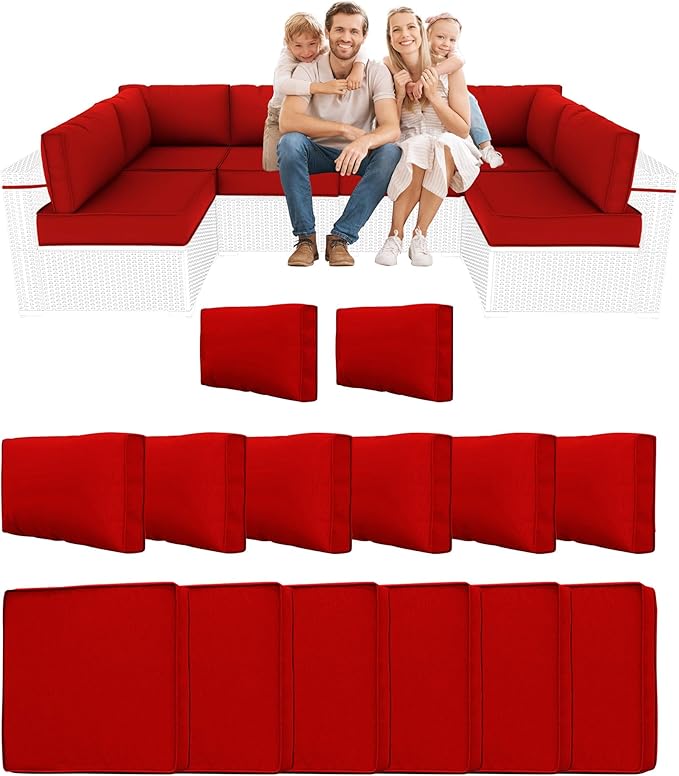 14 Piece Outdoor Sectional Cushions, Water-Resistant Outdoor Sofa Cushions Replacement, 4" High Density Foam Patio Furniture Cushions Fits 6-seat Rattan Conversation Set (Red)
