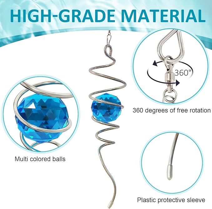 Gazing Ball Spiral Tail, Wind Spinner Spiral Peacock Blue Crystal Orb with Swivel Hook, Sun Catcher Rainbow Maker Hanging Decor for Yard Garden Rotating Art Ornaments Great Gifts 13" Height
