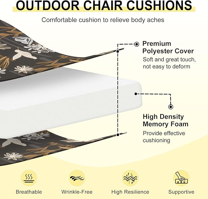 downluxe Outdoor Chair Cushions Set of 4 for Patio Furniture, Water-Resistant Square Corner Patio Chair Cushions with Ties, High Density Foam Outdoor Seat Cushion, 18.5" X 16" X 3", Nightbird
