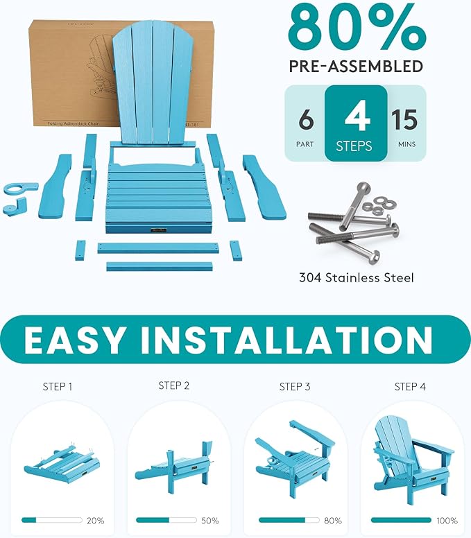 SERWALL Foldable Adirondack Chair Set of 4 for Patio Garden Outdoors- Aruba Blue