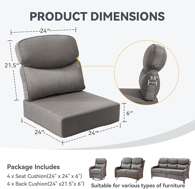 Outdoor Cushion Set for Patio Furniture, UV Resistant, Water Resistant - 6 Inch Thick Dual Layer Back Support Cushions– 24x24 Inch Patio Seat Covers for Chair/Sofa/Couch | Grey | 4-Pack |