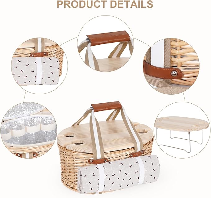 Picnic Basket Set for 4 - Wicker Insulated Picnic Basket with Waterproof Blanket, Folding Wine Picnic Table & Cutlery Kits, Picnic Baskets Kit for Camping, Outdoor, Valentine (Cherry)