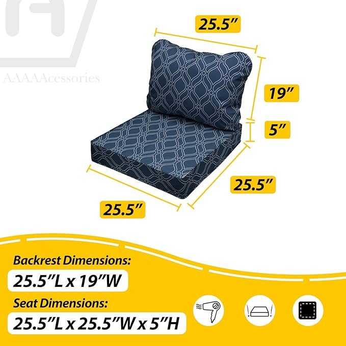 AAAAAcessories Outdoor Seat Cushions for Chairs, Fade-Resistant, Waterproof Patio Furniture Replacement Cushions, 25.5" x 25.5" x 5" + 25.5" x 19", Slate Blue Vine Trellis