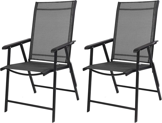 VINGLI Upgraded Version Set of 2 Folding Chairs with Arms, Portable Patio Chairs for Outdoor & Indoor, Sling Back Chairs for Lawn, Pool, Courtyard, Balcony & Garden (Black)