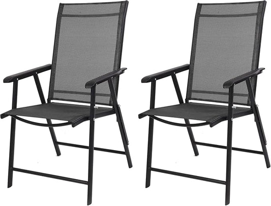 VINGLI Upgraded Version Set of 2 Folding Chairs with Arms, Portable Patio Chairs for Outdoor & Indoor, Sling Back Chairs for Lawn, Pool, Courtyard, Balcony & Garden (Black)