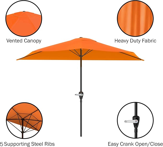 Pure Garden 9-Ft Half Patio Umbrella Easy Crank Semicircle Balcony Shade with 20lb Weighted Base for Deck, Porch, or Against a Wall (Terracotta)