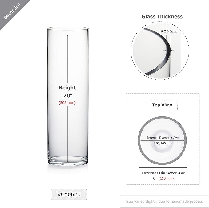 WGV Cylinder Vase, Width 6", Height 20", Clear Glass Container Terrarium Candle Holder for Wedding Centerpiece, Party Event, Home Office Decor, 1 Piece