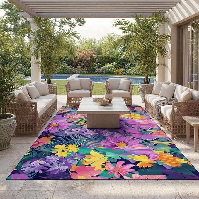 Vibrant Floral Outdoor Rug 6x9 Modern Washable Outdoor Area Rug for Patio Porch Deck Balcony Courtyard Tropical Boho Purple Pink Yellow Flowers Carpet Waterproof Durable Backyard Garden Large Rugs