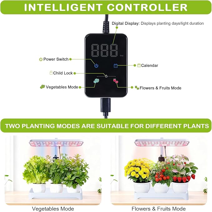 Indoor Garden Led Grow Light, Herb Kitchen Garden Grow Kit, Full Spectrum LED Plant Light for Plants, Height Adjustable Growing Lamp with Intelligent Controller (Not Pots) (White, 16.5*6.5*4 inch)