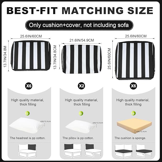 Patio Sectional Cushions, 14-Piece Replacement Cushions for Outdoor Furniture, Water-Resistant Outdoor Sofa Cushion for 6-Seat Rattan Wicker Sectional Conversation Sets (Black & White Stripes)