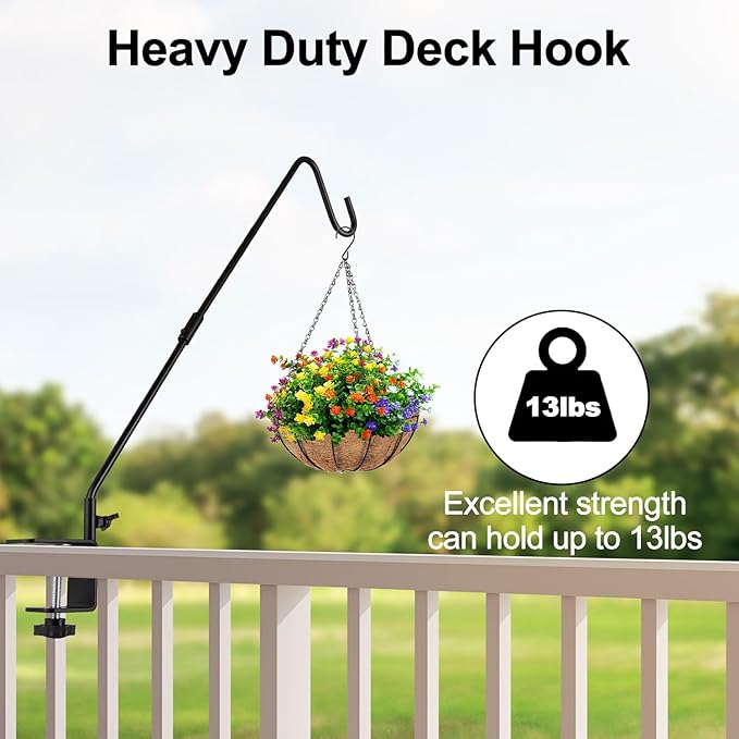 Camii Heavy Duty Deck Hook, 22 to 35 Inch Extended Adjustable, 360° Rotatable Solid Steel Rod, Fence Deck Hangers for Hanging Bird Feeders, Plants, Planters, Suet Baskets, Lanterns, Wind Chime