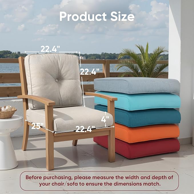Outdoor Chair Cushion Set of 3, Waterproof Outdoor Seat Cushions 25x22, Patio Chair Cushions for Outdoor Furniture, Couch Cushion Replacement, Include 3 Back & 3 Seat Cushions, Button/Beige