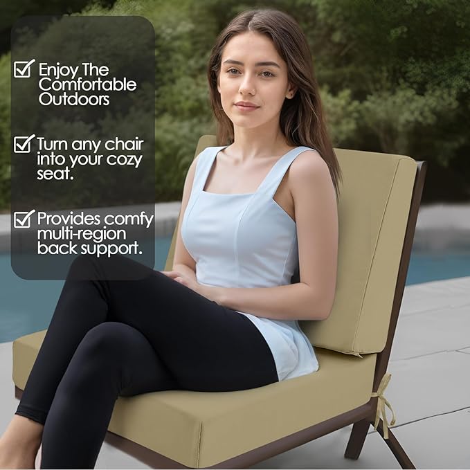 Outdoor Cushions for Patio Furniture 24x24, Outdoor Seat Cushion & Inclined Back Cushion with Ties, Waterproof Replacement Deep Seat Couch Sofa Chair Cushion for Backyard Garden Deck, Khaki