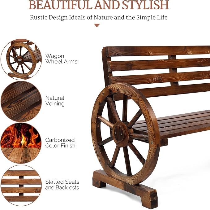 VINGLI 41" Rustic Outdoor Wooden Bench, 2-Person Patio Wagon Wheel Bench with Slatted Seat, Weather Resistance Garden Benches for Outdoors 350lbs High Capacity for Yard Porch Ourdoor Decor