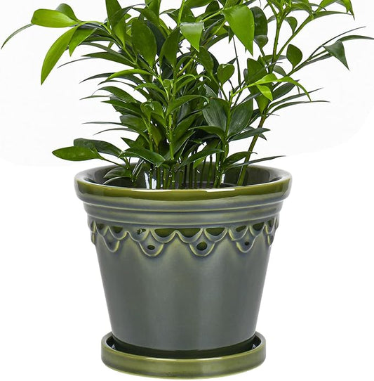 6.3 Inch Ceramic Planter, Plant Pot with Drainage Hole and Saucer, Decorative Glaze Flower Pot for Indoor Plants (Olive Green)