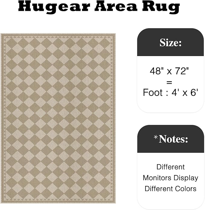 HUGEAR 4x6 Outdoor Rug Brown/Beige Linen-Look Fabric Checkered Area Rug High Traffic Stain Resistant Easy Clean Durable Rugs for Indoor/Outdoor Patio Deck Balcony Porch Garden Courtyard