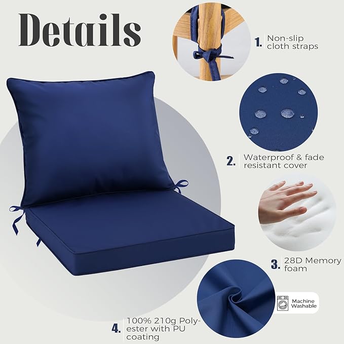 PLTCAT All-Weather Comfort Deep Seat Cushions, Fade-Resistant Patio Chair Cushion Set (Navy Blue, 24" x 24" + 24" x 20") with Removable Cover for Pation Furniture