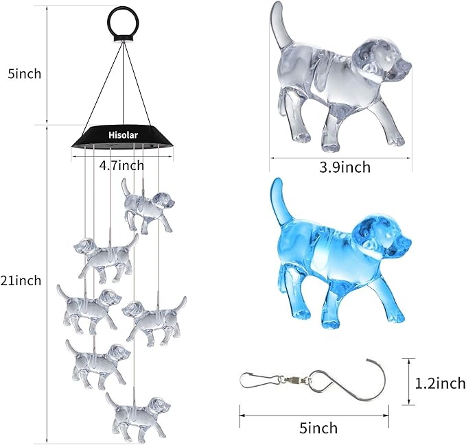 Crystal Dog Solar Wind Chimes Outdoor Color Changing Solar Mobile Lights LED Solar Powered Wind Chimes for Home Party Yard Garden Decor, Gifts for mom Birthday Gifts