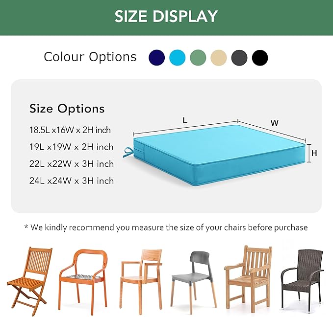 Outdoor Chair Cushions Set of 2: Waterproof & Fade Resistant Seat Cushion for Patio Furniture - 18.5 x 16 x 2 Inch Chair Pads with Ties and Hidden Zipper - Patio Chair Cushion Replacement, Teal